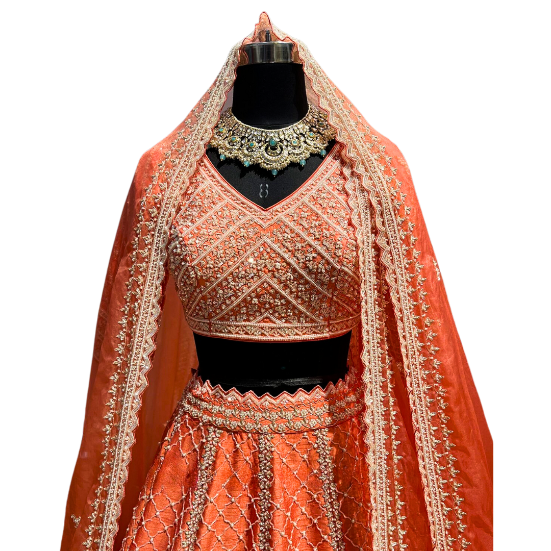 Traditional Indian Bridal Orange Lehenga with 2 Dupattas