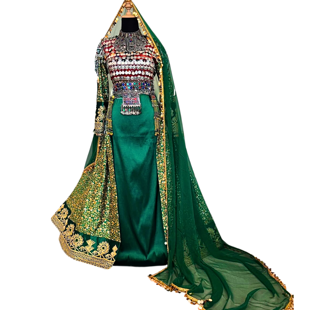 Traditional Afghan Women Green Bridal Long Nikah Dress with Waskat