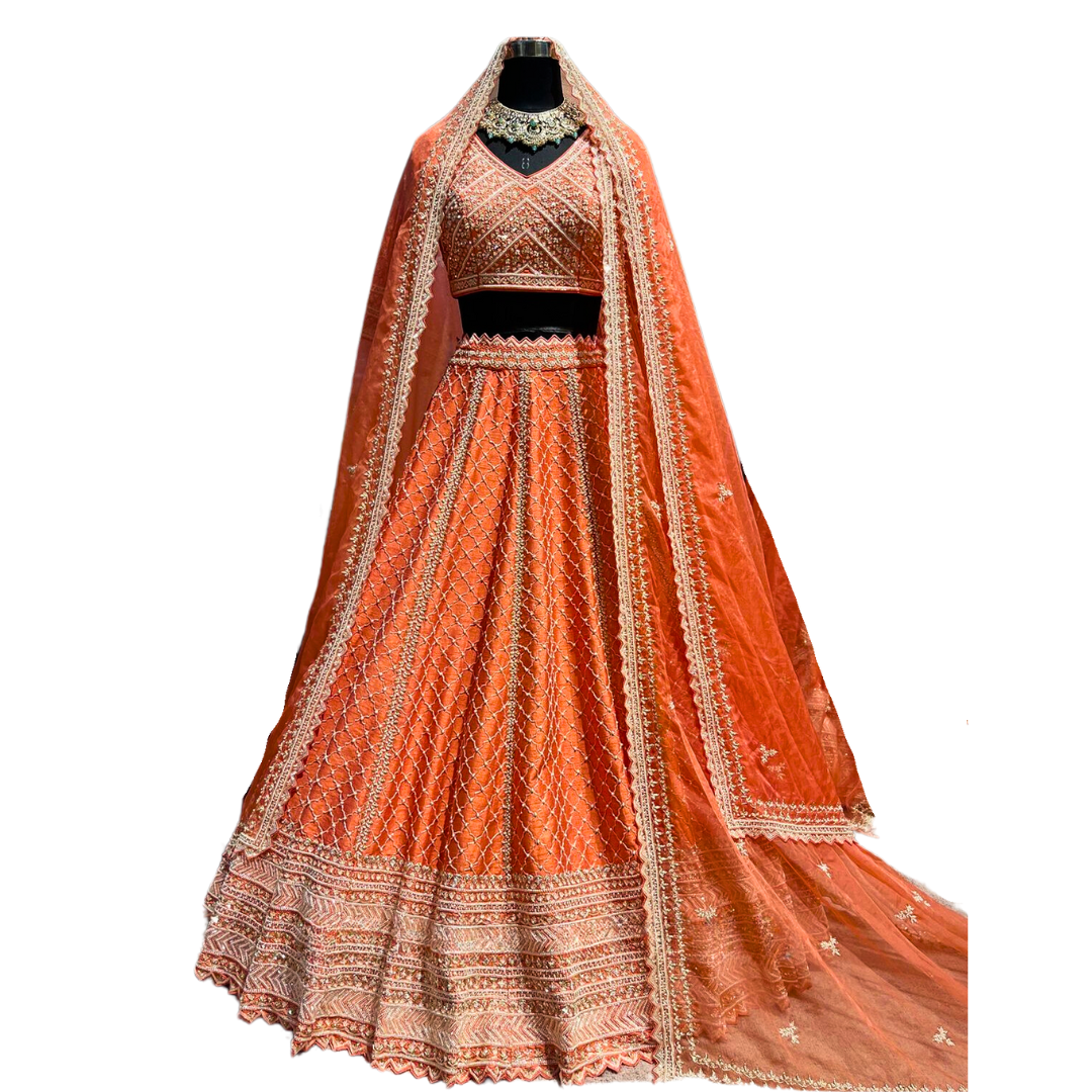 Traditional Indian Bridal Orange Lehenga with 2 Dupattas