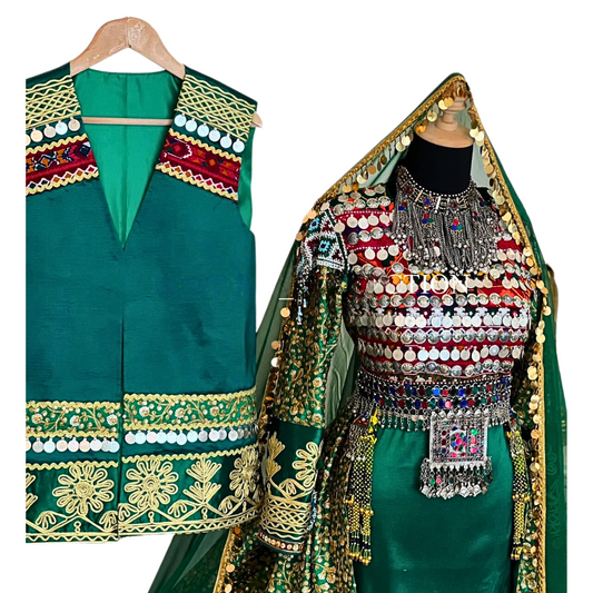 Traditional Afghan Women Green Bridal Long Nikah Dress with Waskat