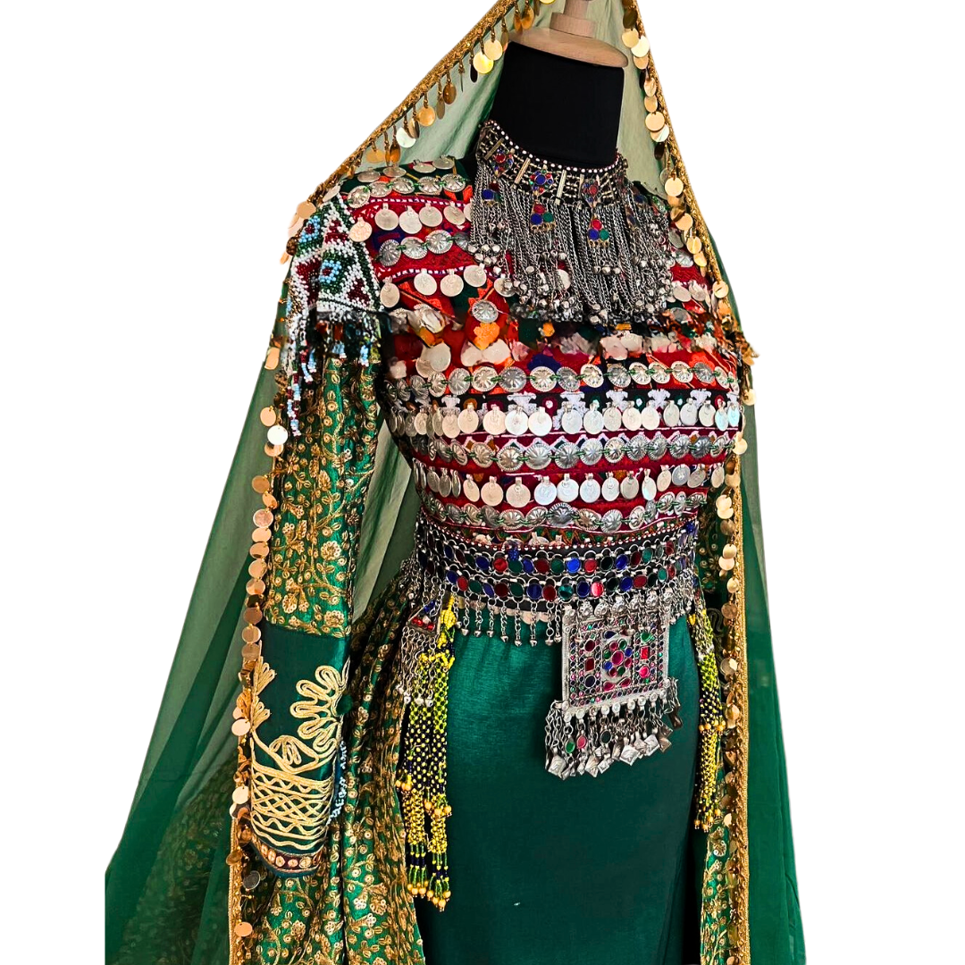 Traditional Afghan Women Green Bridal Long Nikah Dress with Waskat