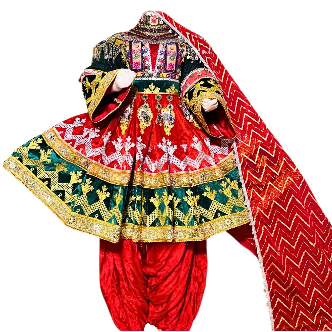 Traditional Afghan Women Bridal Red Kochi Dress with Waskat