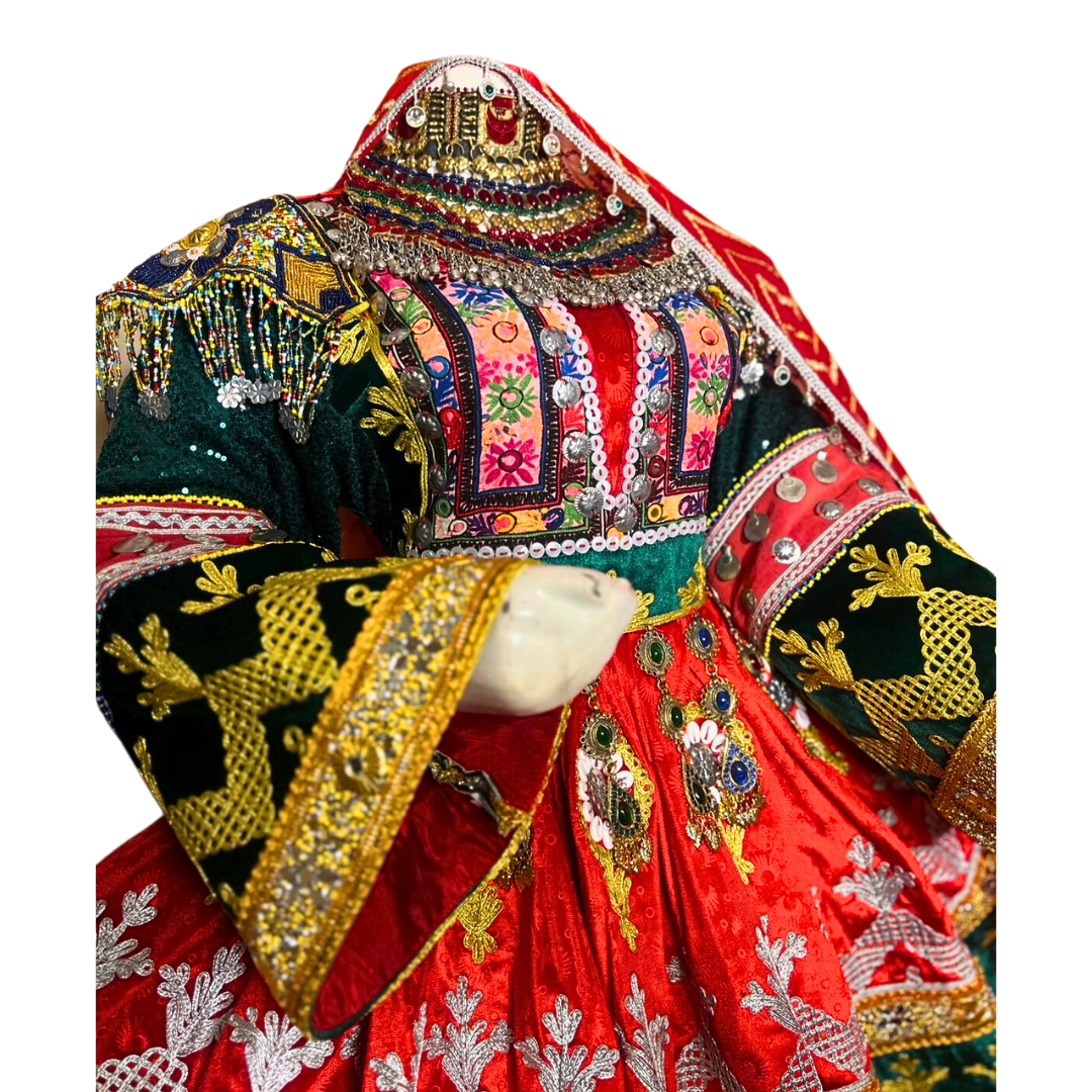 Traditional Afghan Women Bridal Red Kochi Dress with Waskat