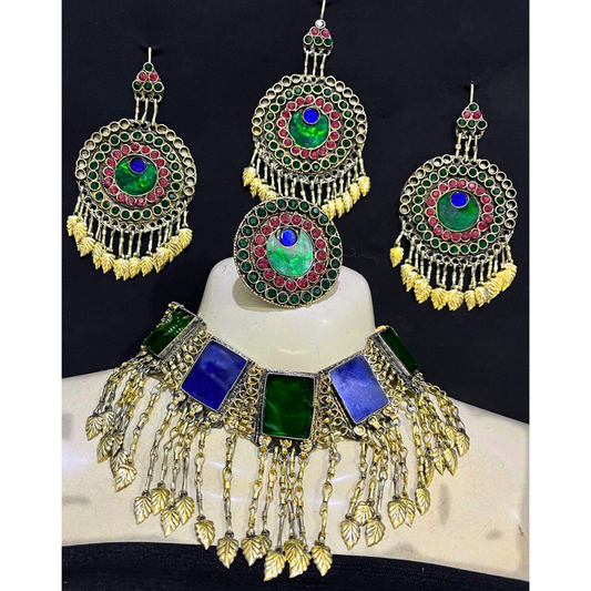 Traditional Vintage Afghan Bridal Jewellery Green and Blue Full Set