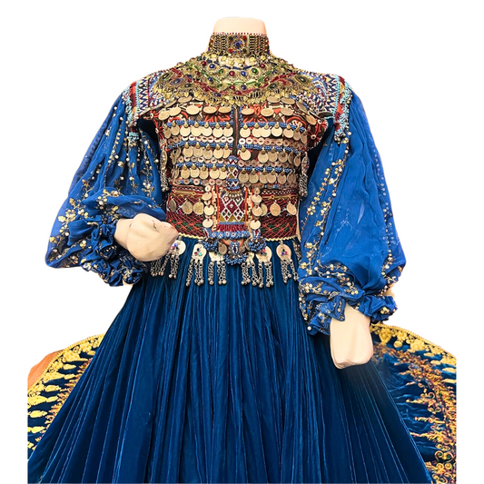 Traditional Afghan Women Bridal Blue Long Dress