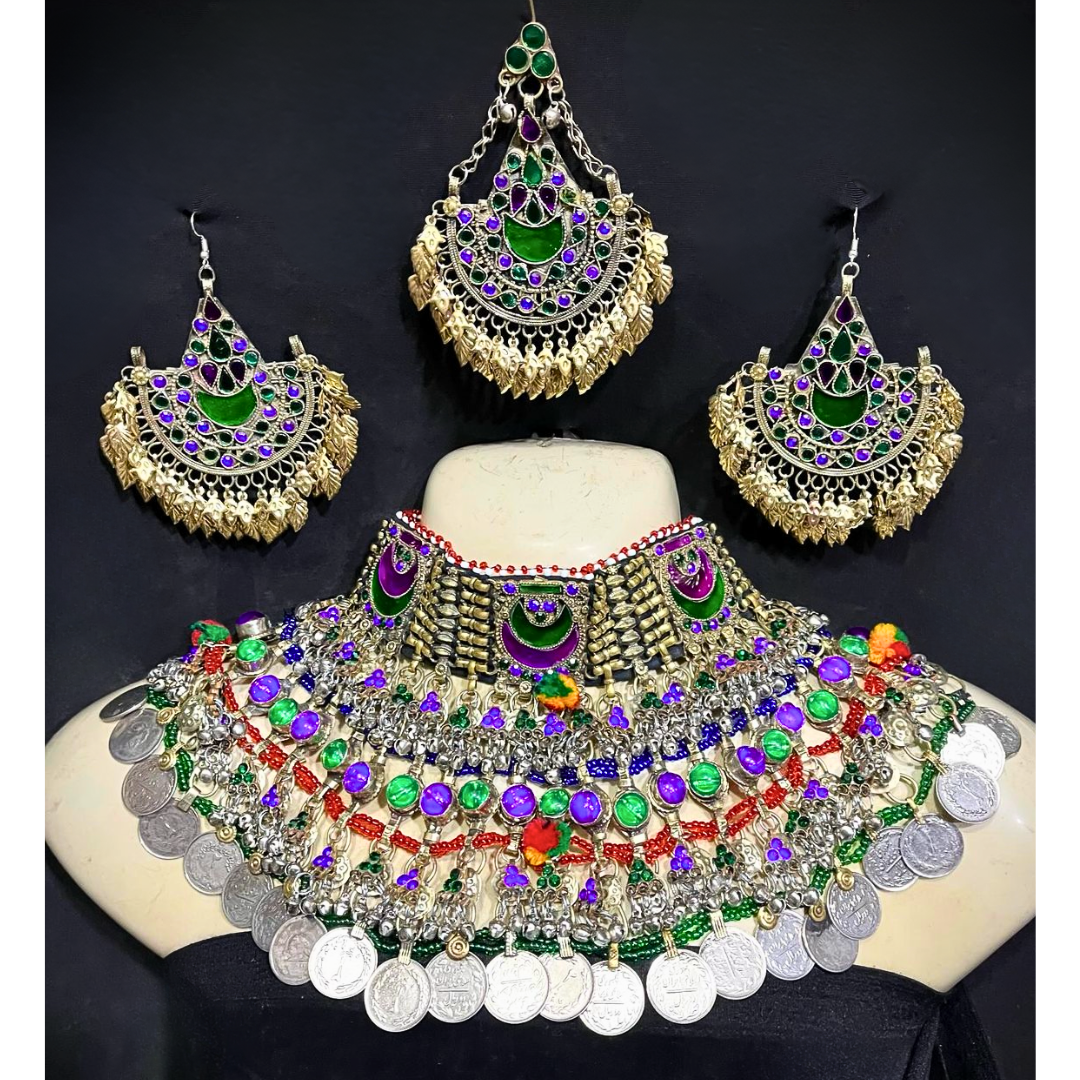 Traditional Vintage Afghan Bridal Jewellery Green and Purple Full Set