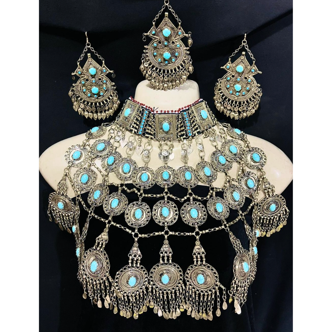 Traditional Vintage Afghan Bridal Jewellery Long Blue Full Set