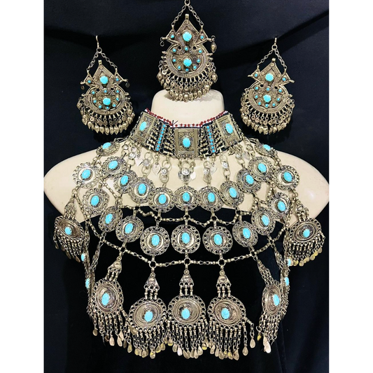 Traditional Vintage Afghan Bridal Jewellery Long Blue Full Set