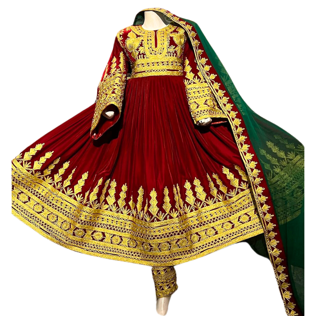 Traditional Afghan Simple Red and Gold Long Dress