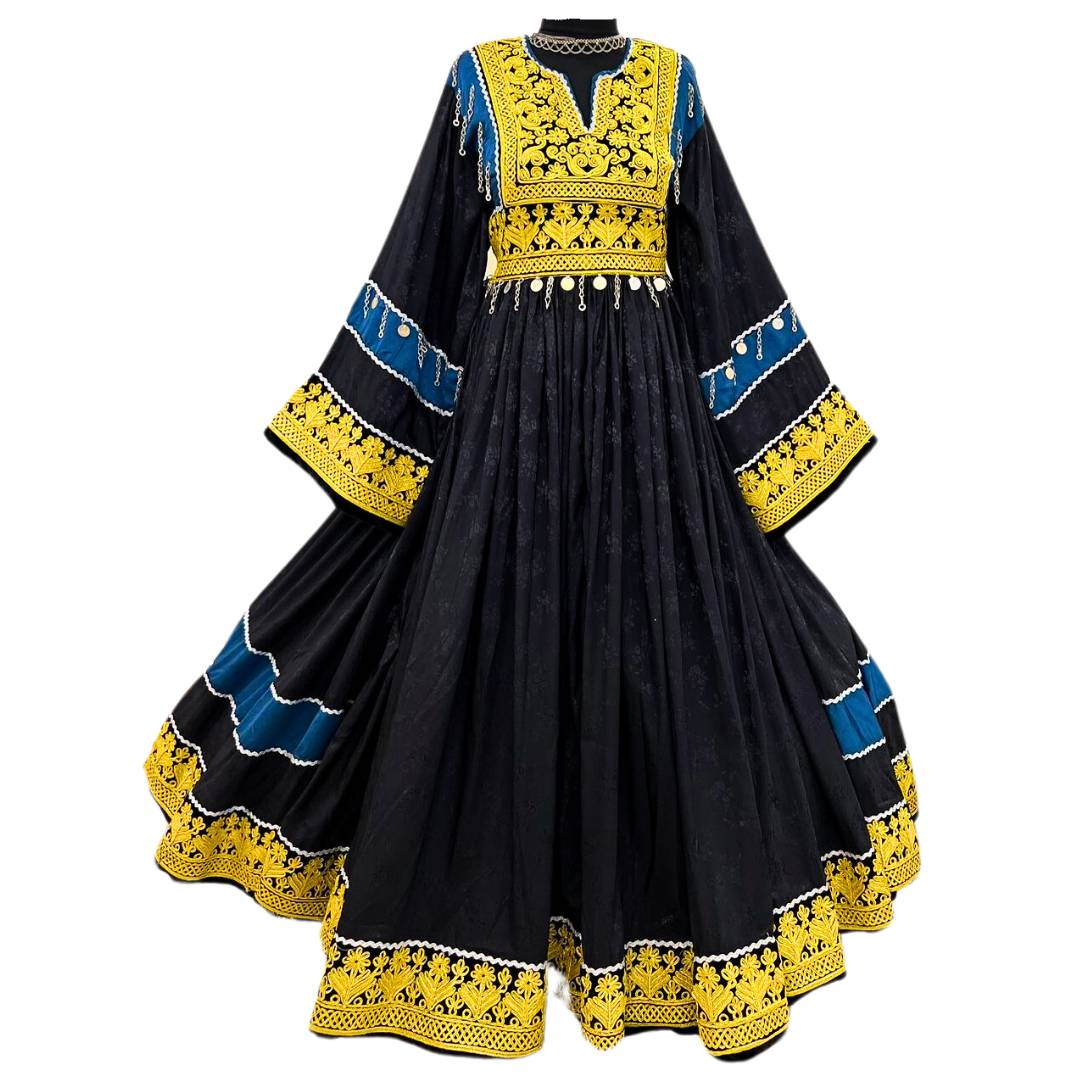 Traditional Afghan Women Long Simple Black and Gold Dress