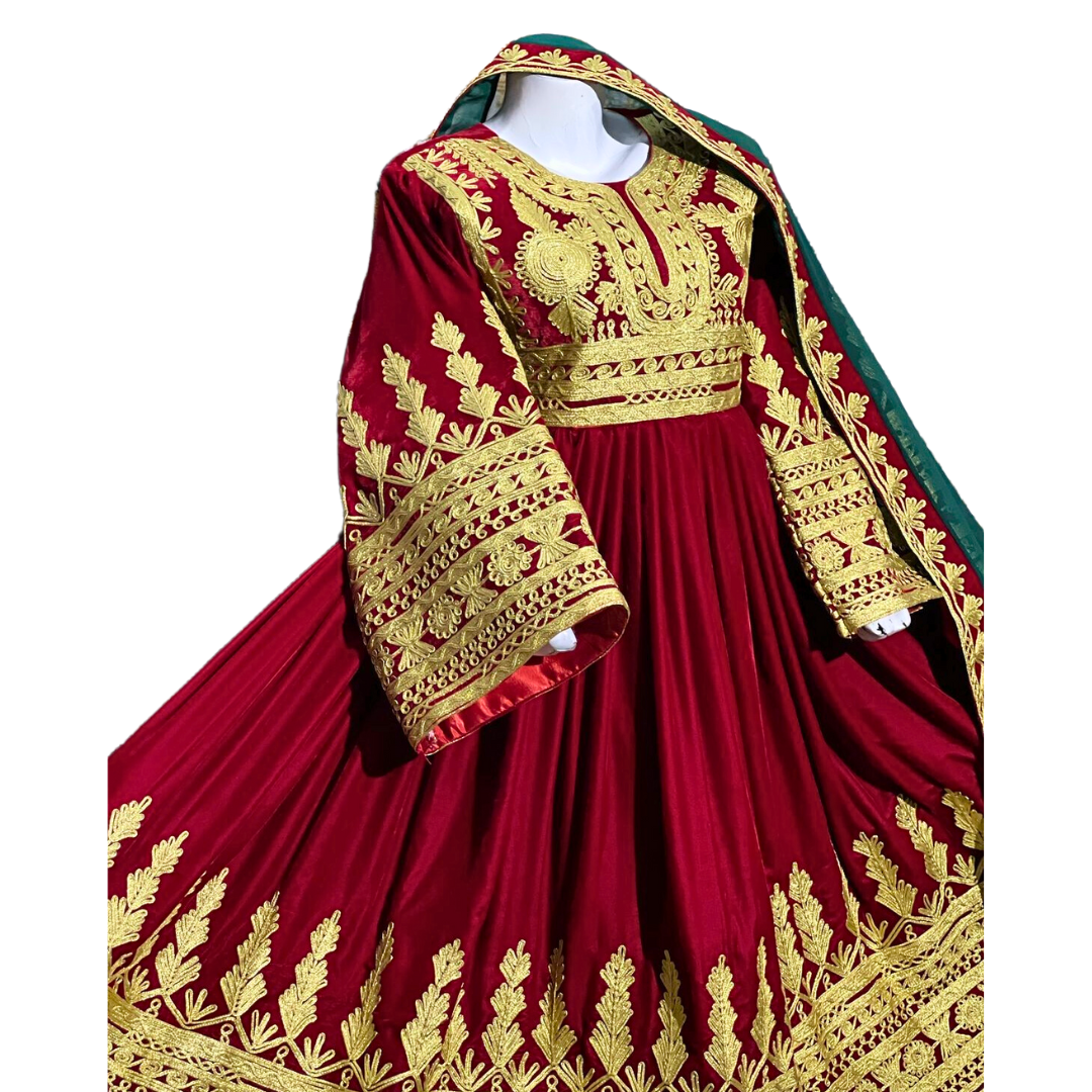 Traditional Afghan Simple Red and Gold Long Dress