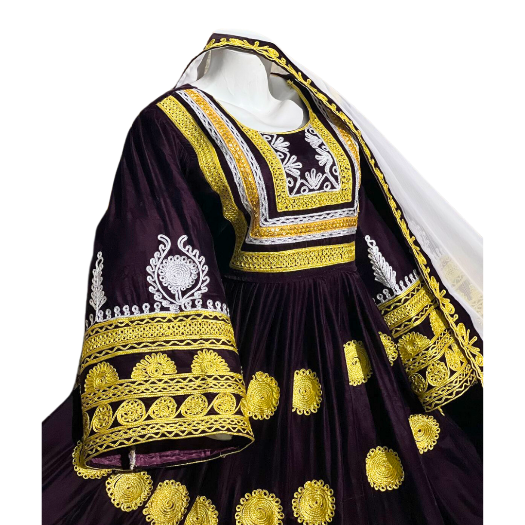 Traditional Afghan Simple Black and Gold Long Dress