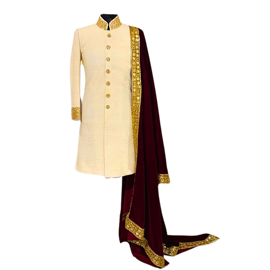 Traditional Indian Men White Sherwani with a Red Shawl