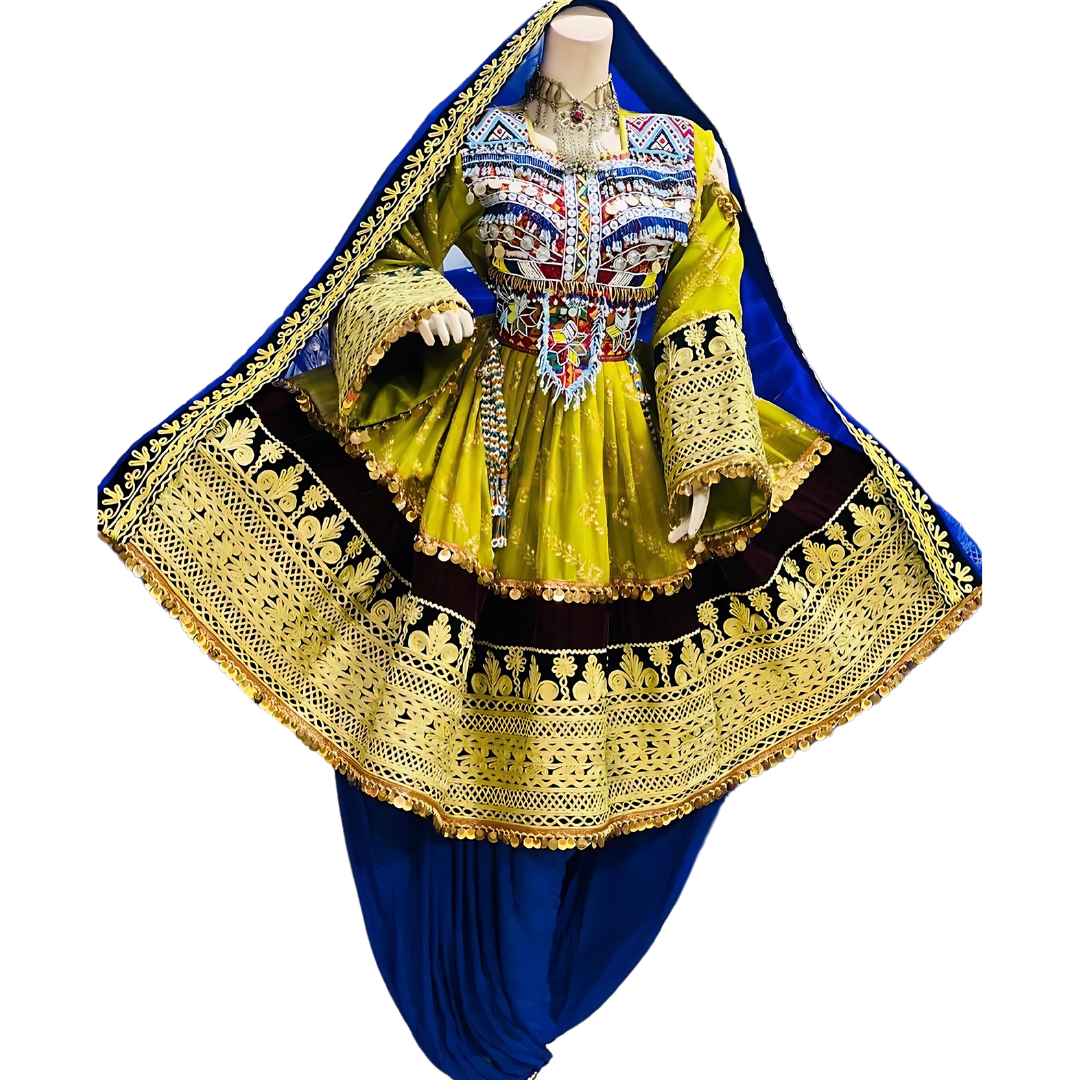 Traditional Afghan Bridal Yellow Short Kochi Dress