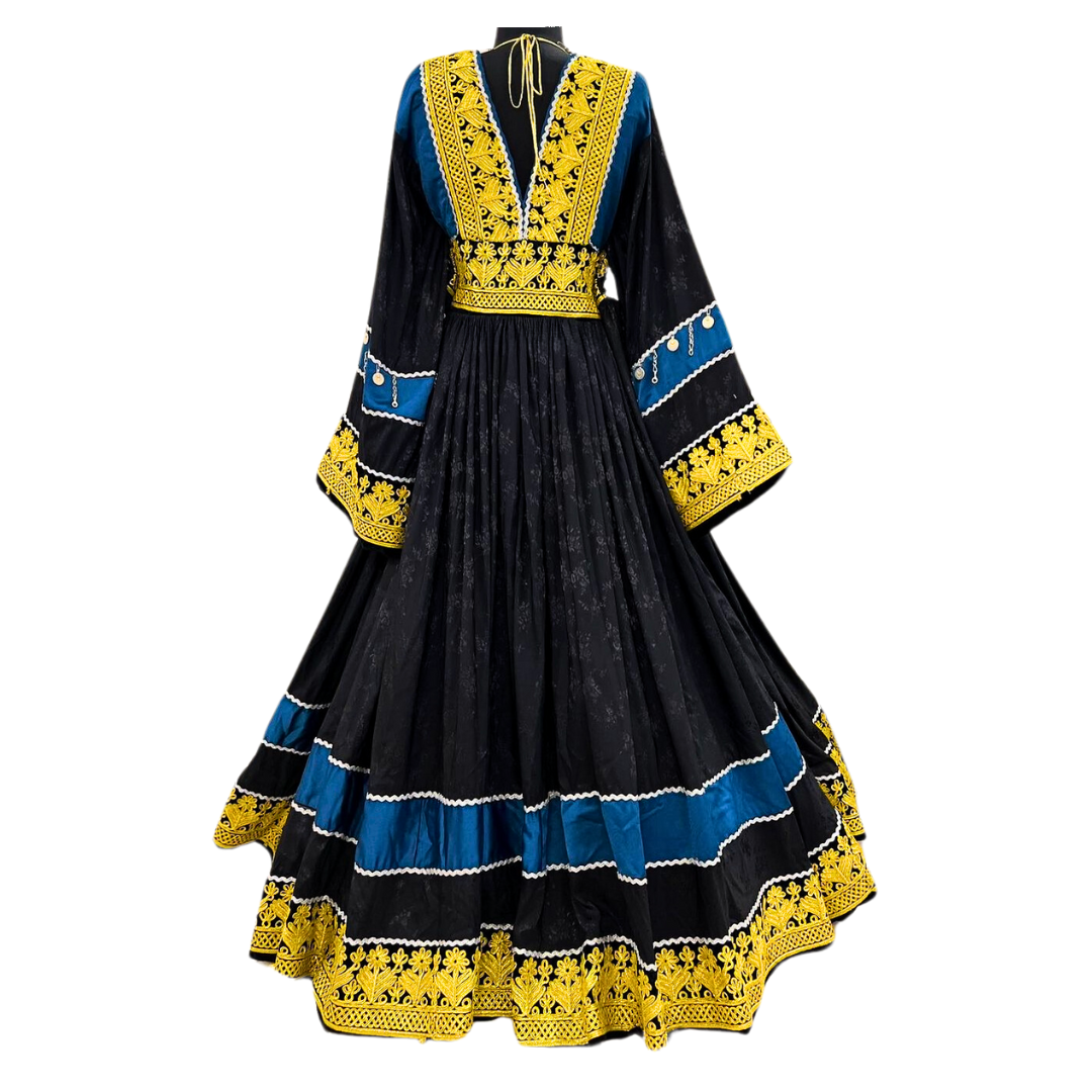 Traditional Afghan Women Long Simple Black and Gold Dress