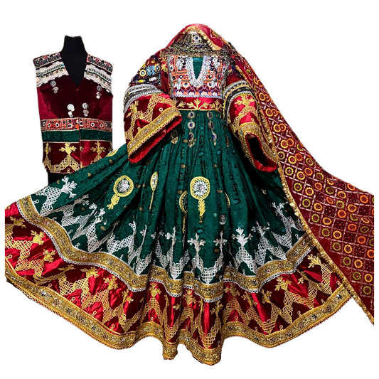 Traditional Afghan Women Green and Red Bridal Koch Long Dress with Waskat