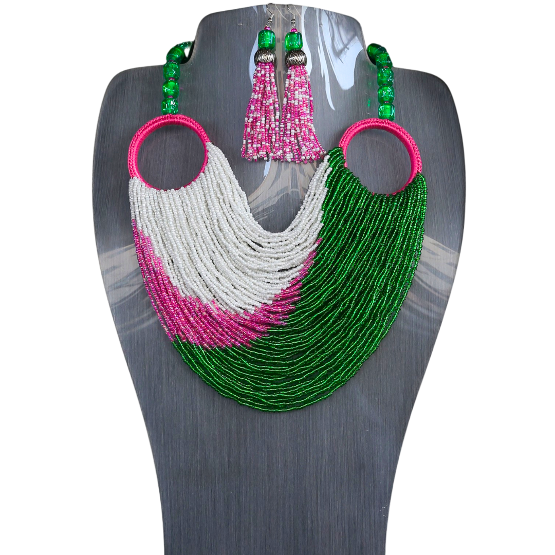 Colourful Pink and Green Round Beaded Necklace Set