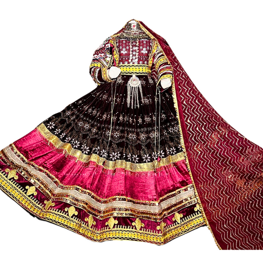 Traditional Afghan Bridal Long Red Kochi Dress with Waskat