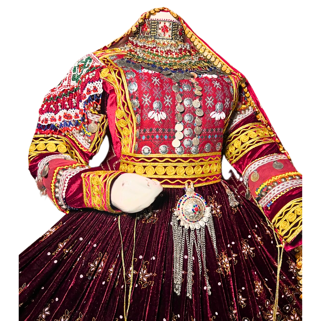 Traditional Afghan Bridal Long Red Kochi Dress with Waskat