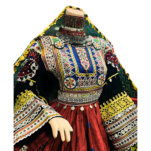 Traditional Afghan Bridal Women Short Red and Green Kochi Dress