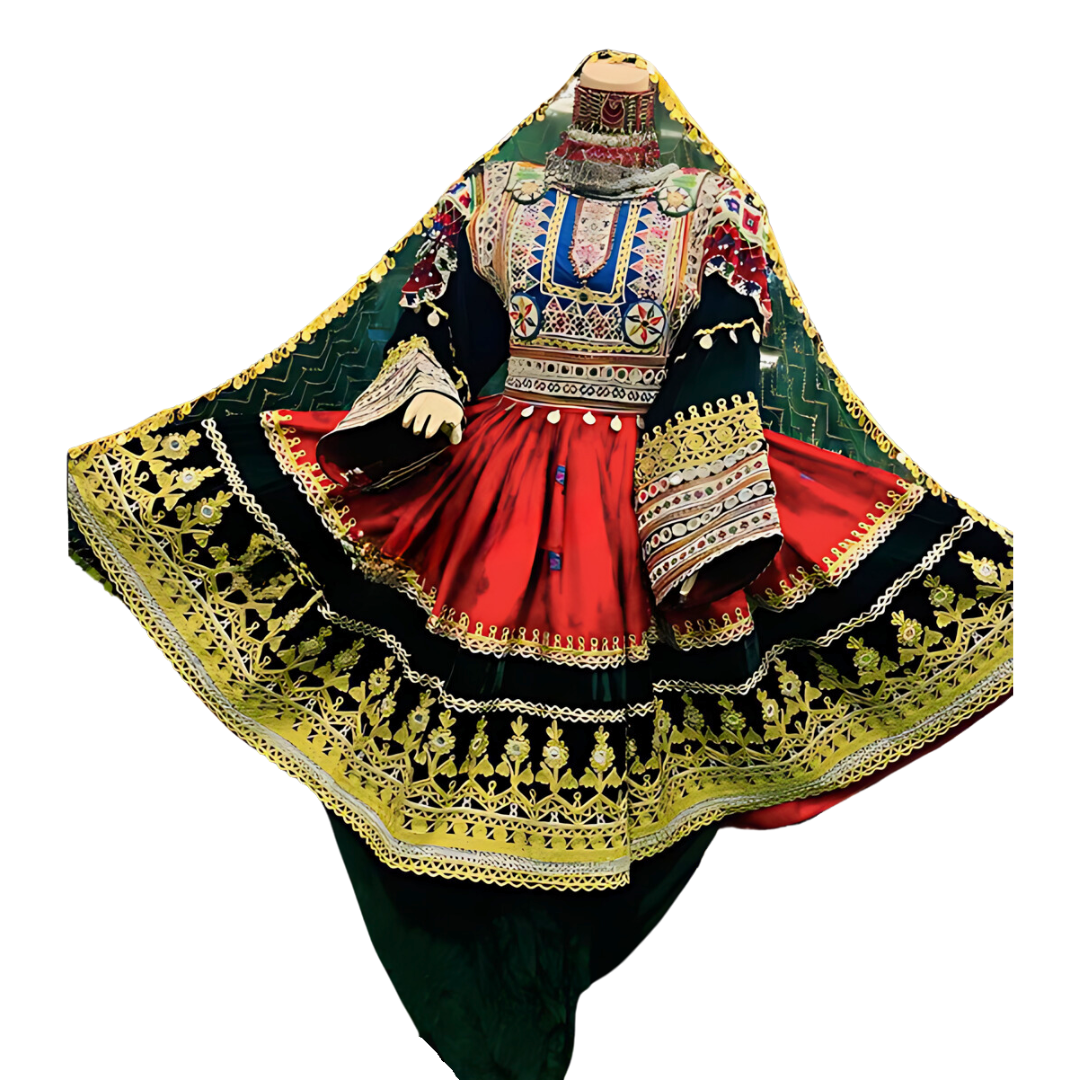 Traditional Afghan Bridal Women Short Red and Green Kochi Dress