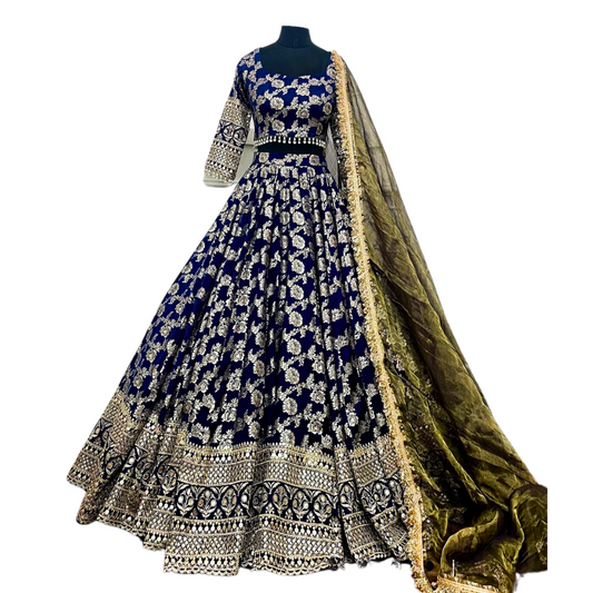 Traditional Indian Bridal Simple Blue Banarasi Lehenga