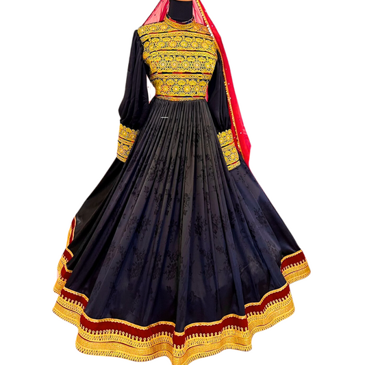 Traditional Afghan Simple Women Long Gold and Black Dress