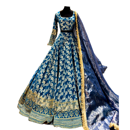 Traditional Indian Simple Banarasi Blue Lehenga with Tissue Dupatta