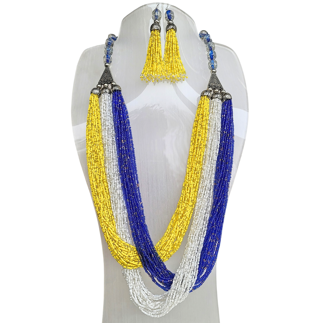 Colourful White and Blue Long Beaded Necklace Set