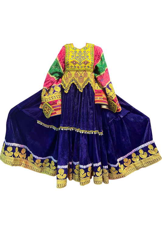 Traditional Afghan Vintage Velvet Pink and Blue Kochi Dress