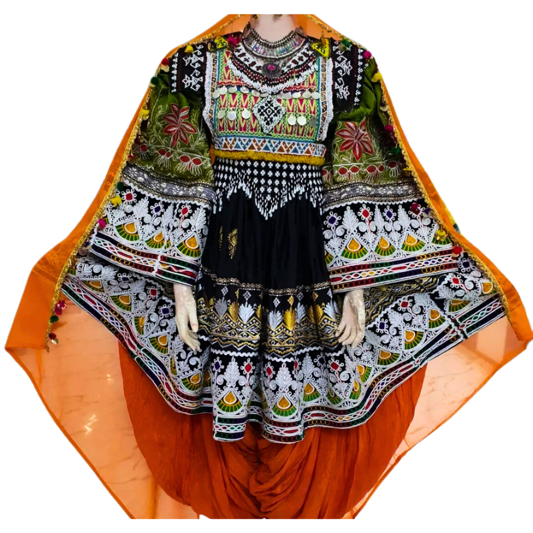 Traditional Afghan Bridal Women Short Black and Orange Kochi Dress