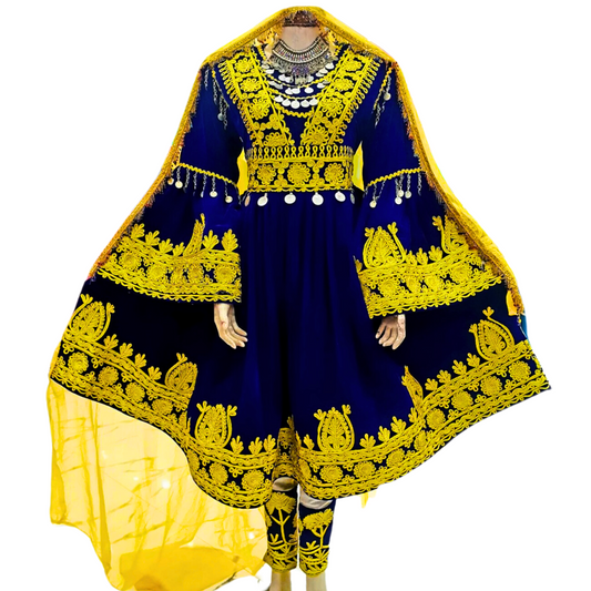 Traditional Afghan Simple Women Long Gold and Blue Dress