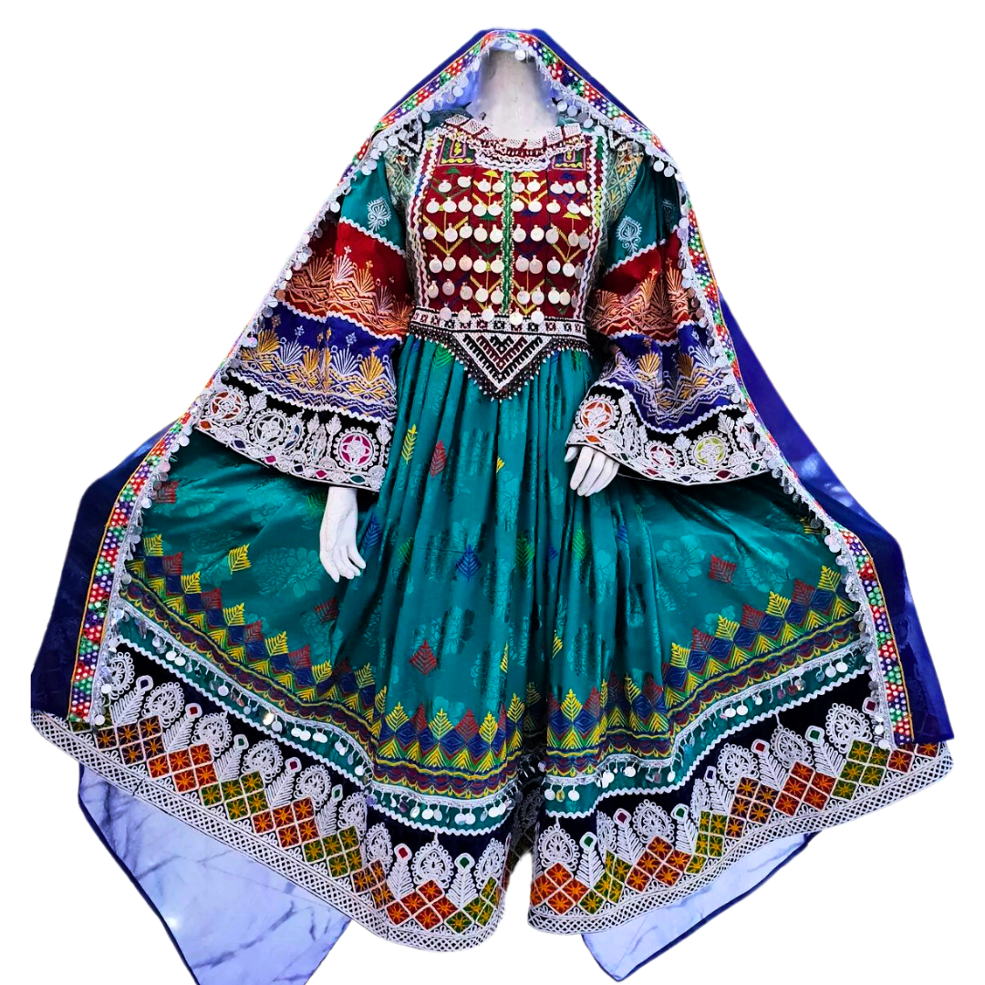 Traditional Afghan Bridal Women Long Green Kochi Dress