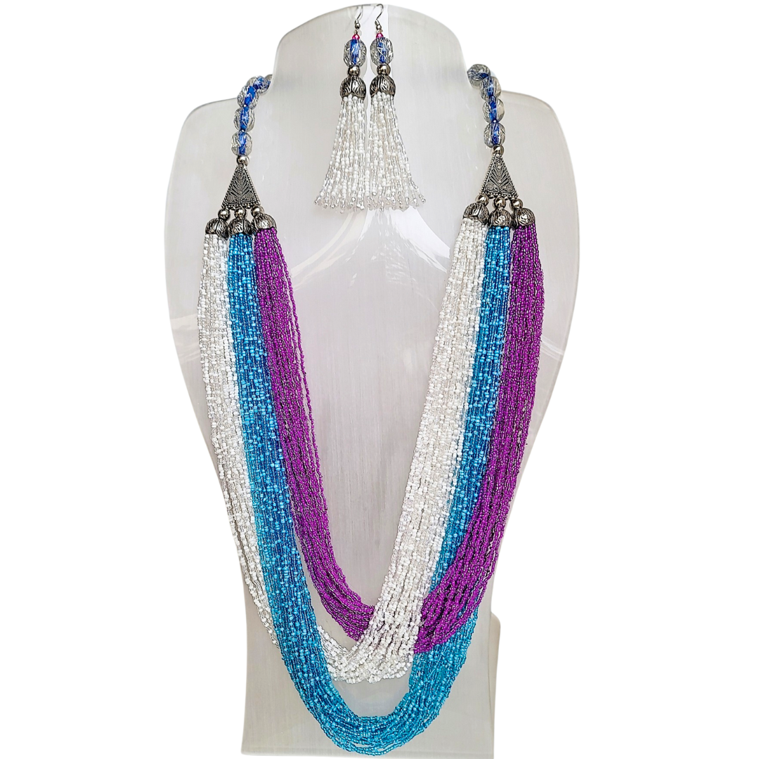 Colourful White and Pink Long Beaded Necklace Set