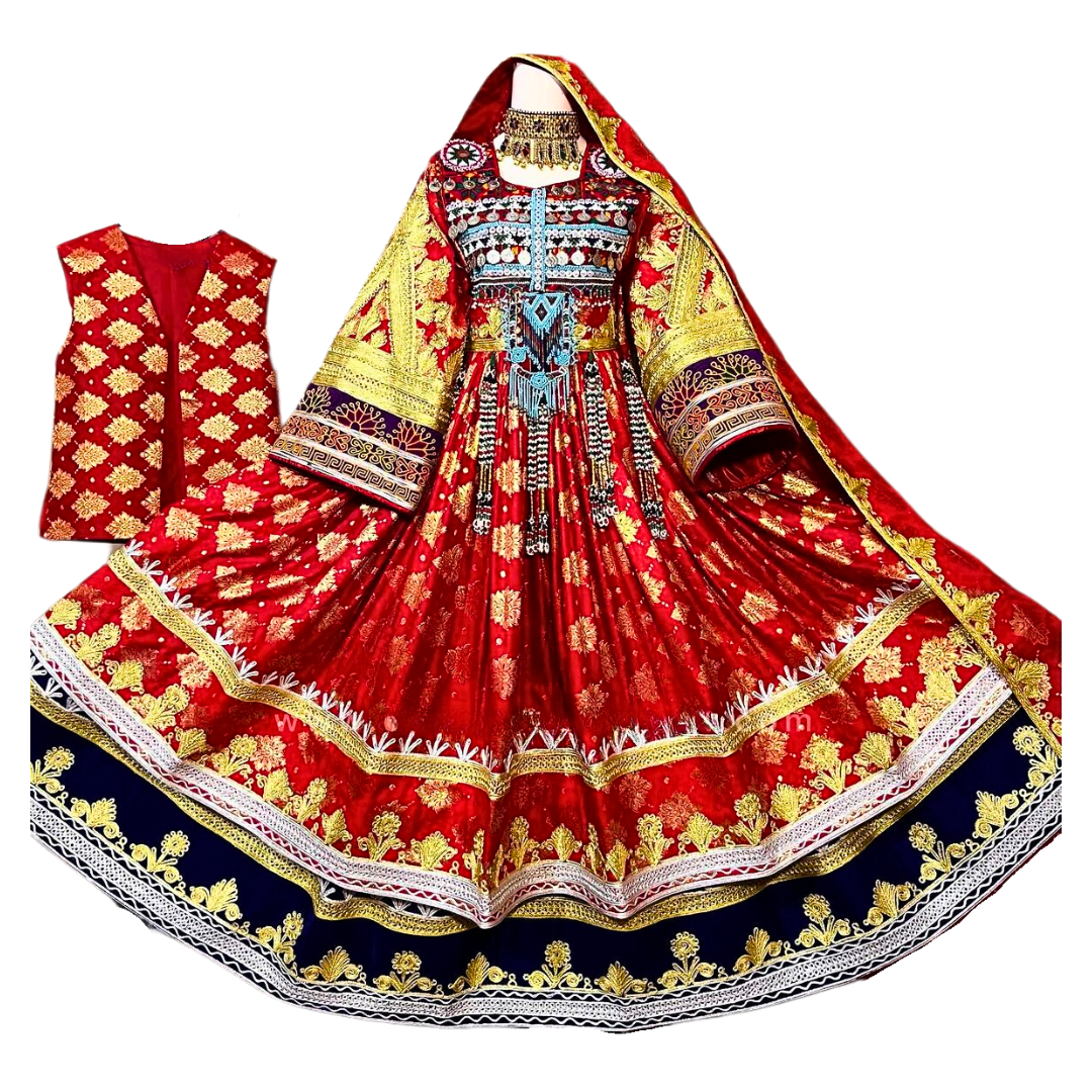 Traditional Afghan Long Red Bridal Kochi Dress with Embroidered Waskat