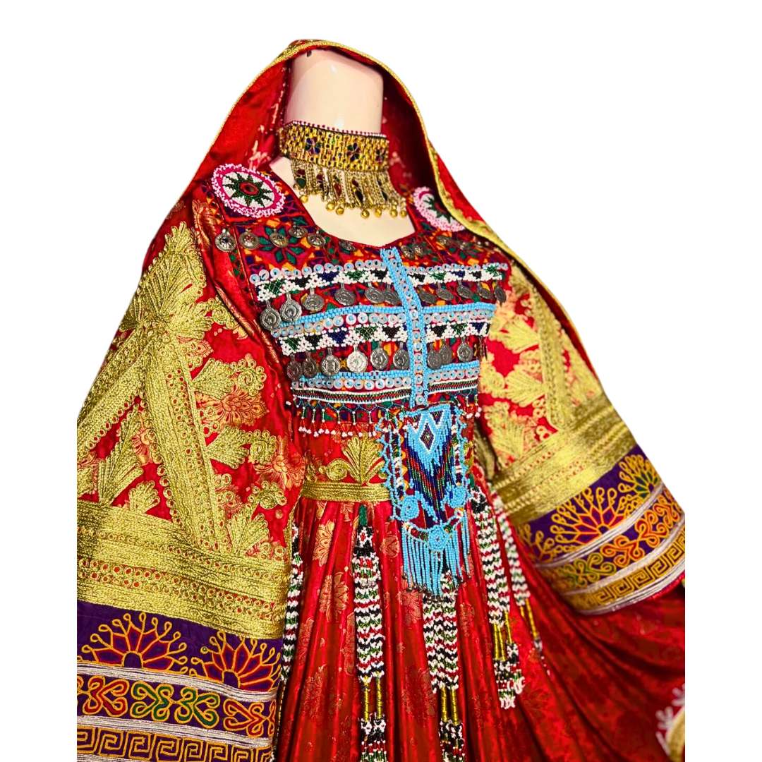 Traditional Afghan Long Red Bridal Kochi Dress with Embroidered Waskat