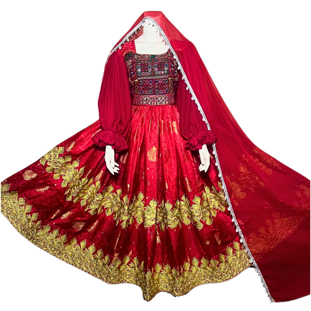 Traditional Afghan Long Red Simple Dress