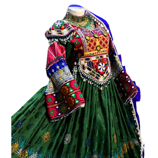 Traditional Afghan Bridal Long Green Kochi Dress