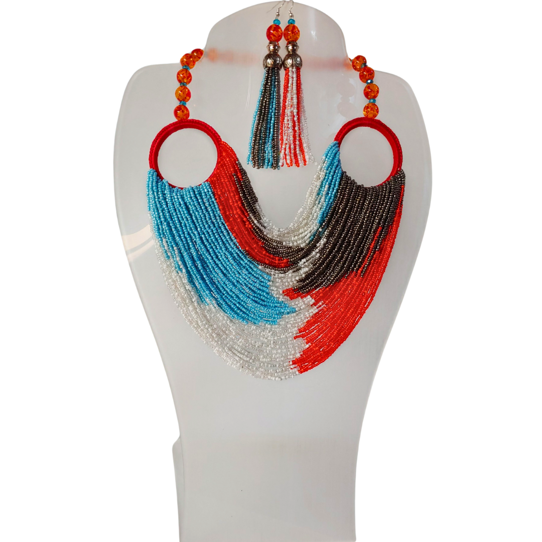 Colourful Blue and Red Round Beaded Necklace Set