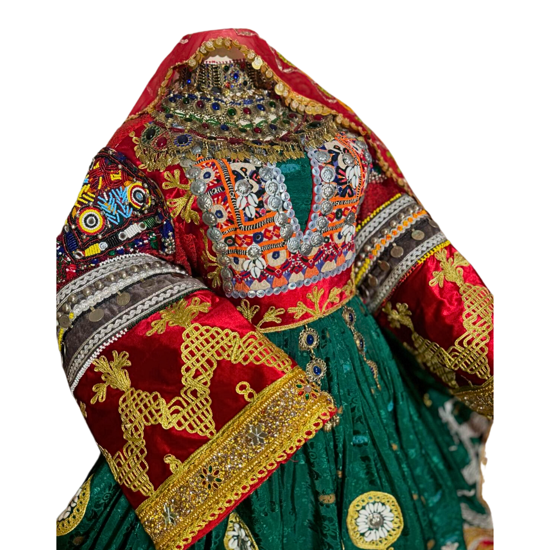 Traditional Afghan Women Green and Red Bridal Koch Long Dress with Waskat