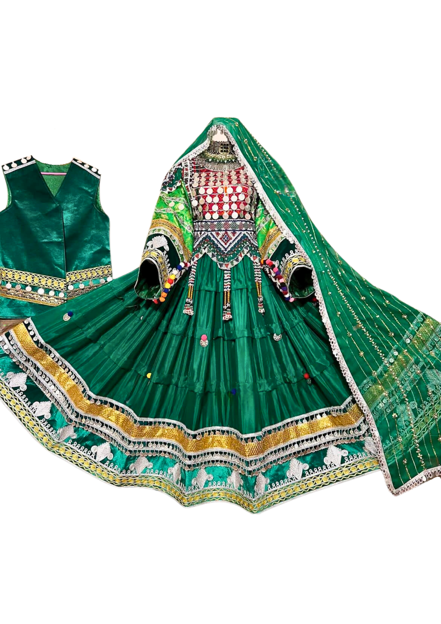 Traditional Afghan Women Long Green Bridal Kochi Dress with Waskat