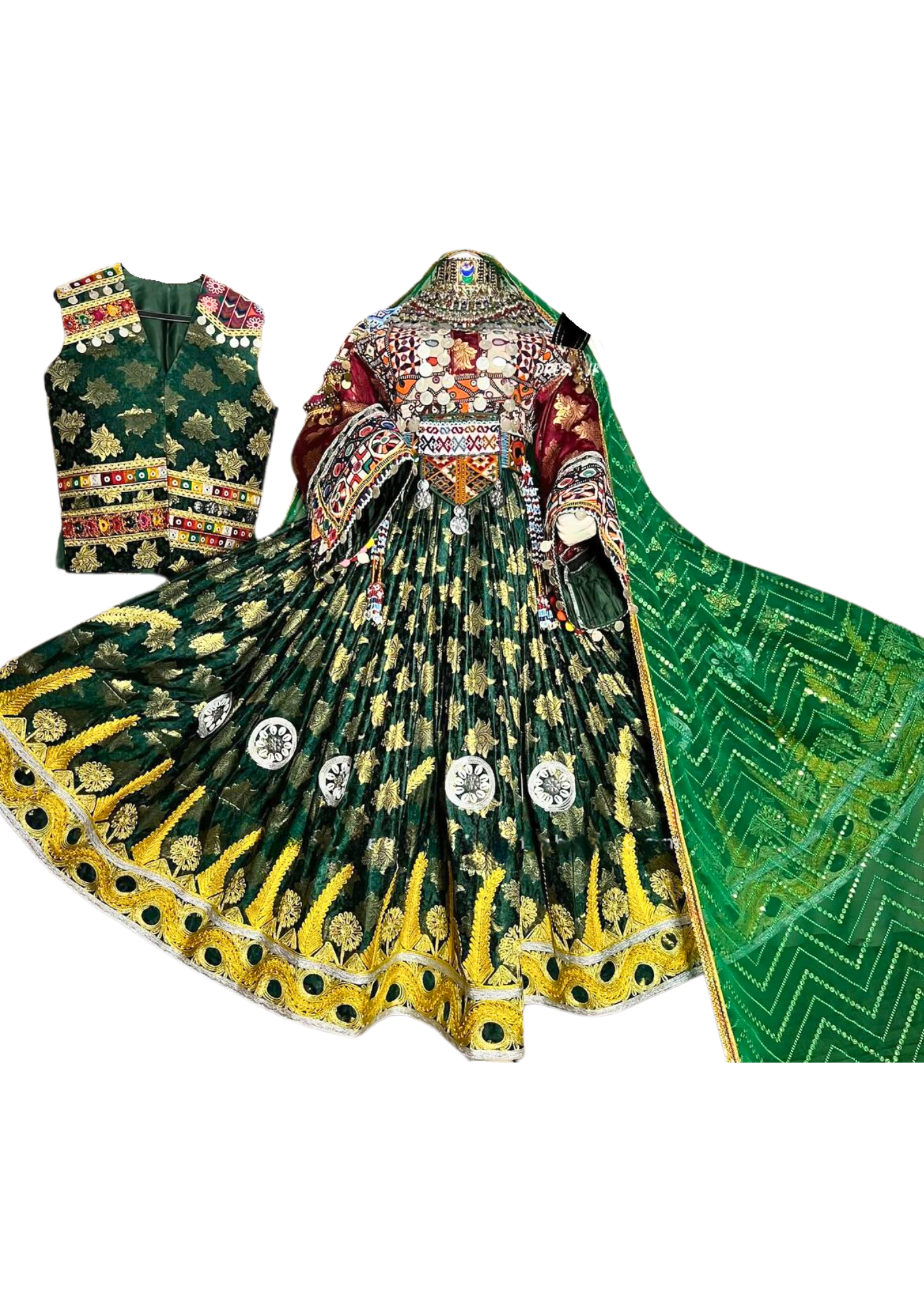 Traditional Afghan Women Long GREEN Bridal Kochi Dress with Waskat