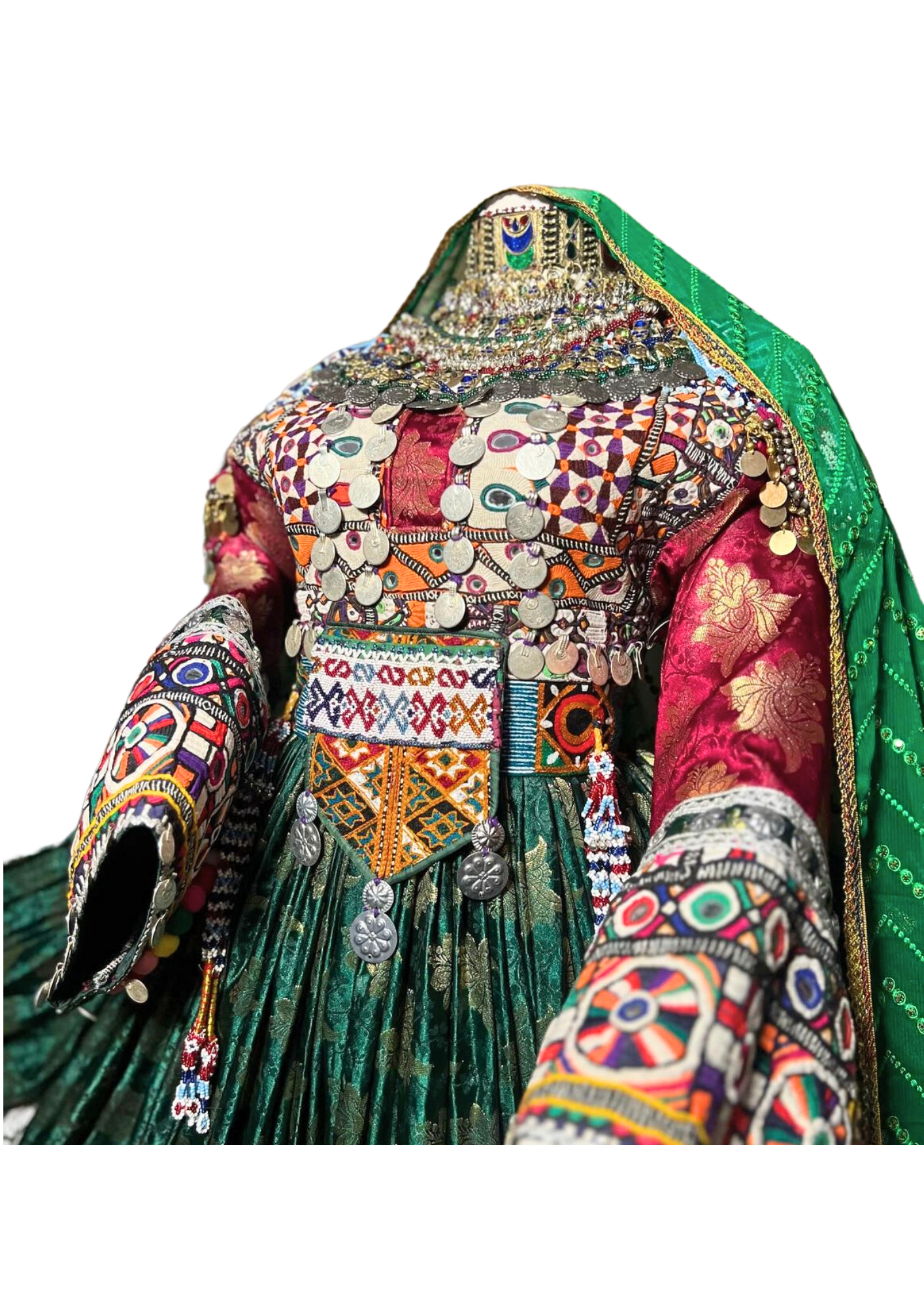 Traditional Afghan Bridal Women Long Green Kochi Dress With Waskat