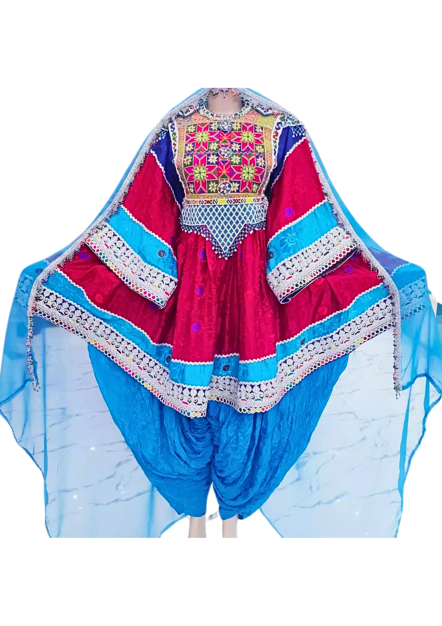 Traditional Afghan Women Short Pink and Blue Simple Dress