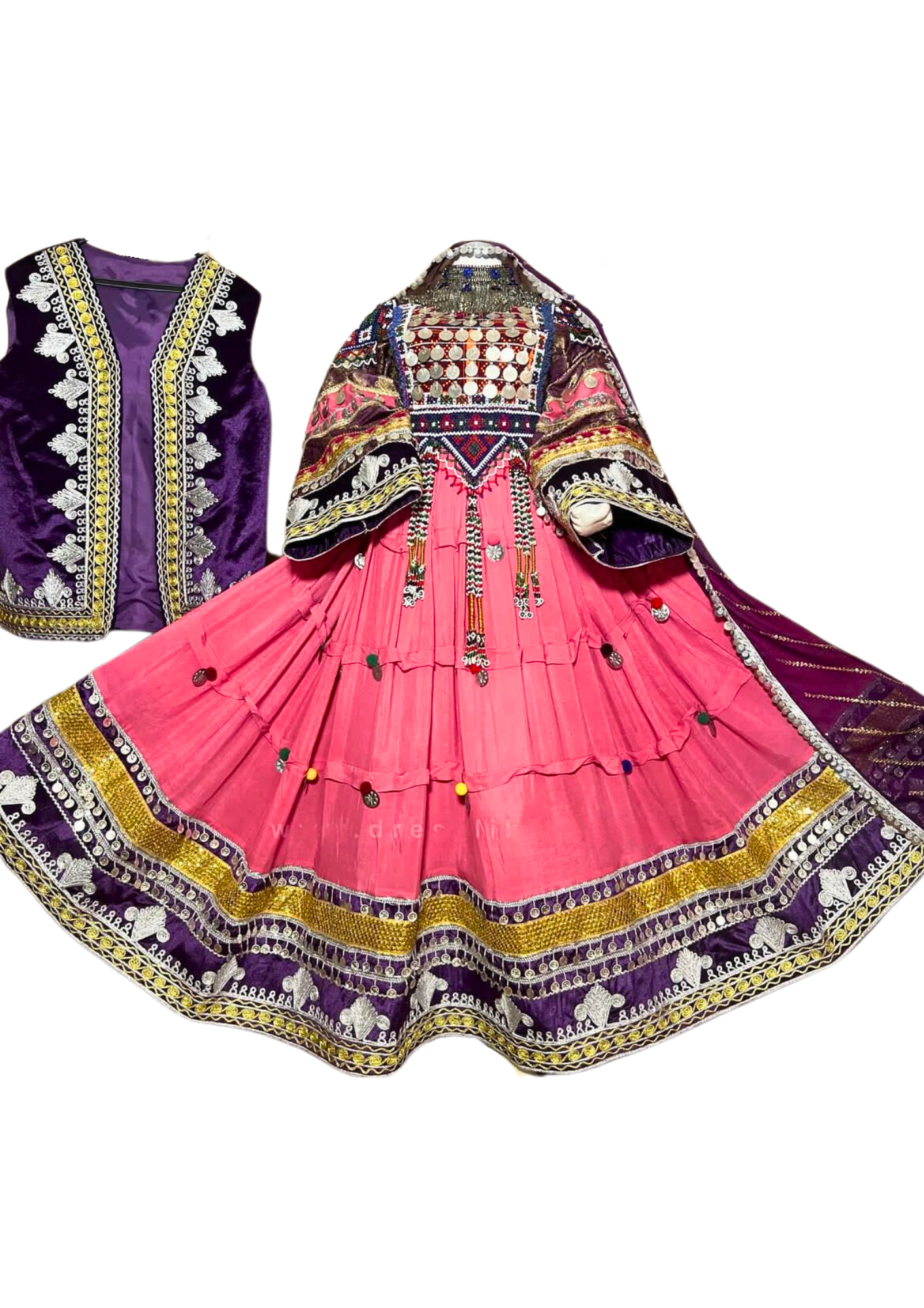 Traditional Afghan Women Long Pink Bridal Kochi Dress with Waskat