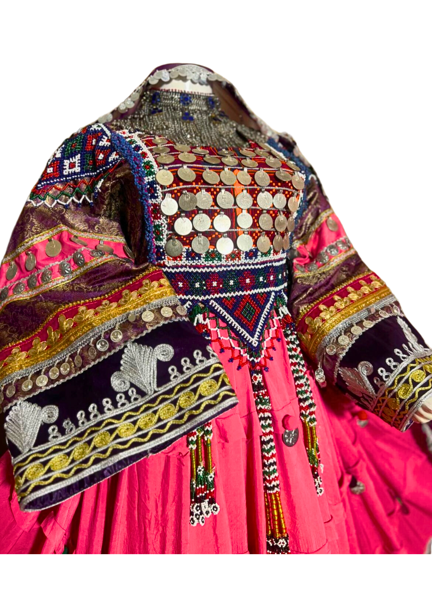 Traditional Afghan Women Long Pink Bridal Kochi Dress with Waskat