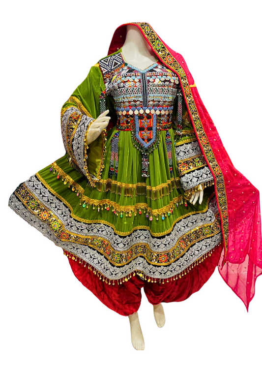 Traditional Afghan Women Short Bridal Green Kochi Dress