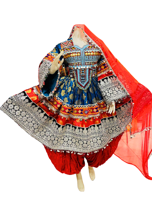 Traditional Afghan Women Blue Short Bridal Dress