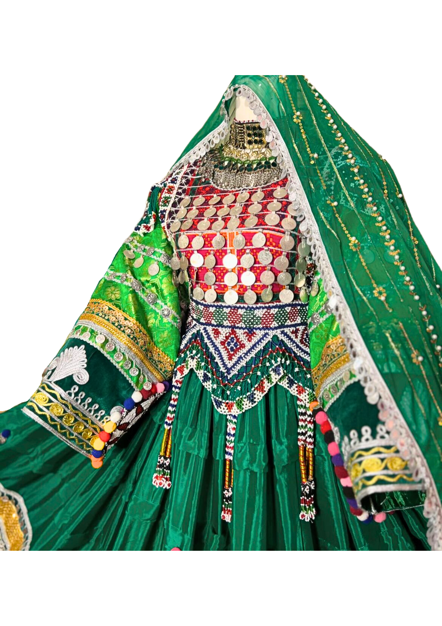 Traditional Afghan Women Long Green Bridal Kochi Dress with Waskat