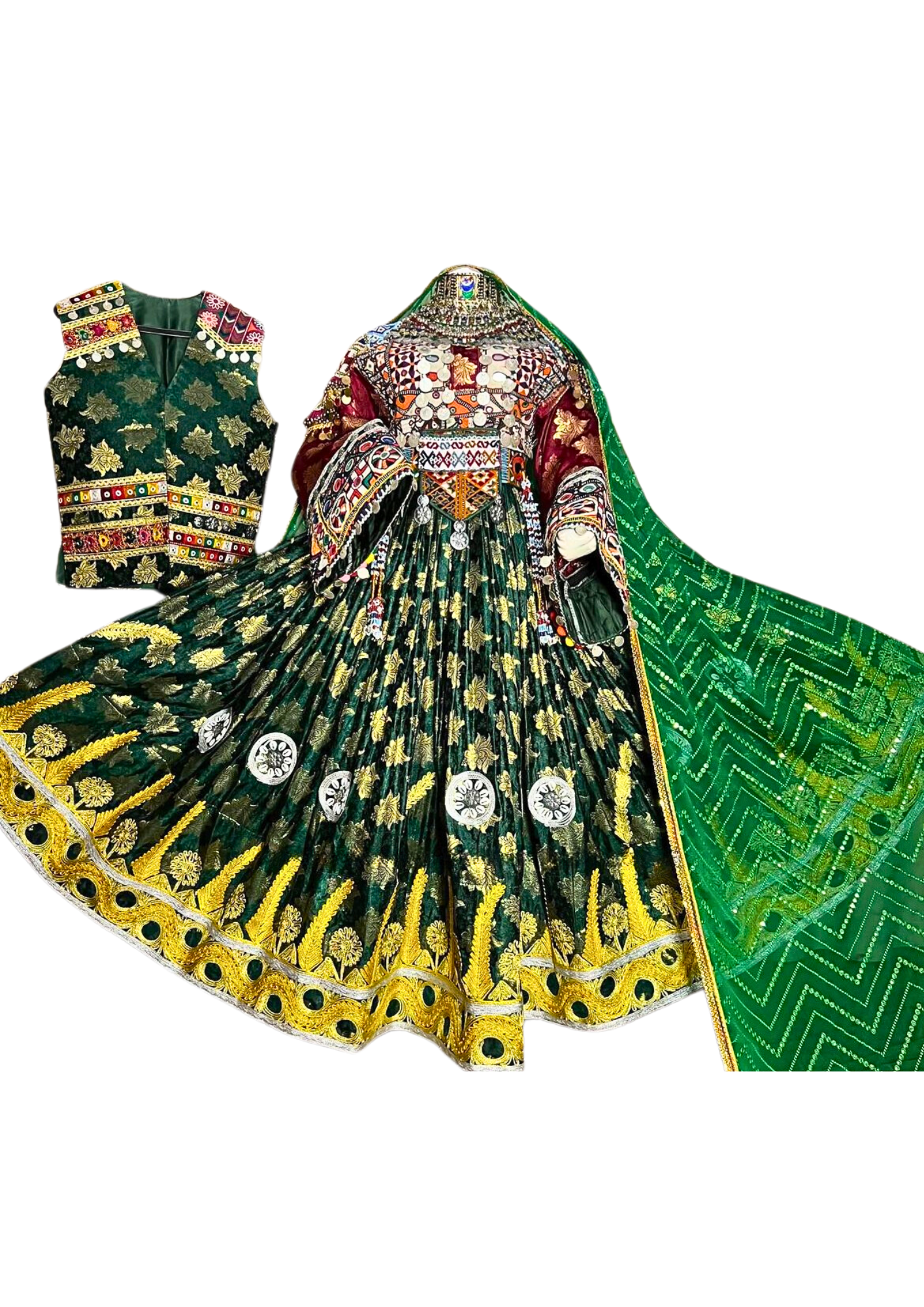 Traditional Afghan Bridal Women Long Green Kochi Dress With Waskat